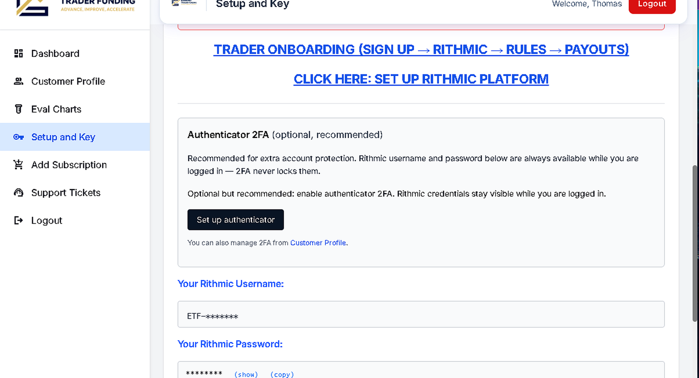 Edmond Setup and Key page showing masked Rithmic username and password fields